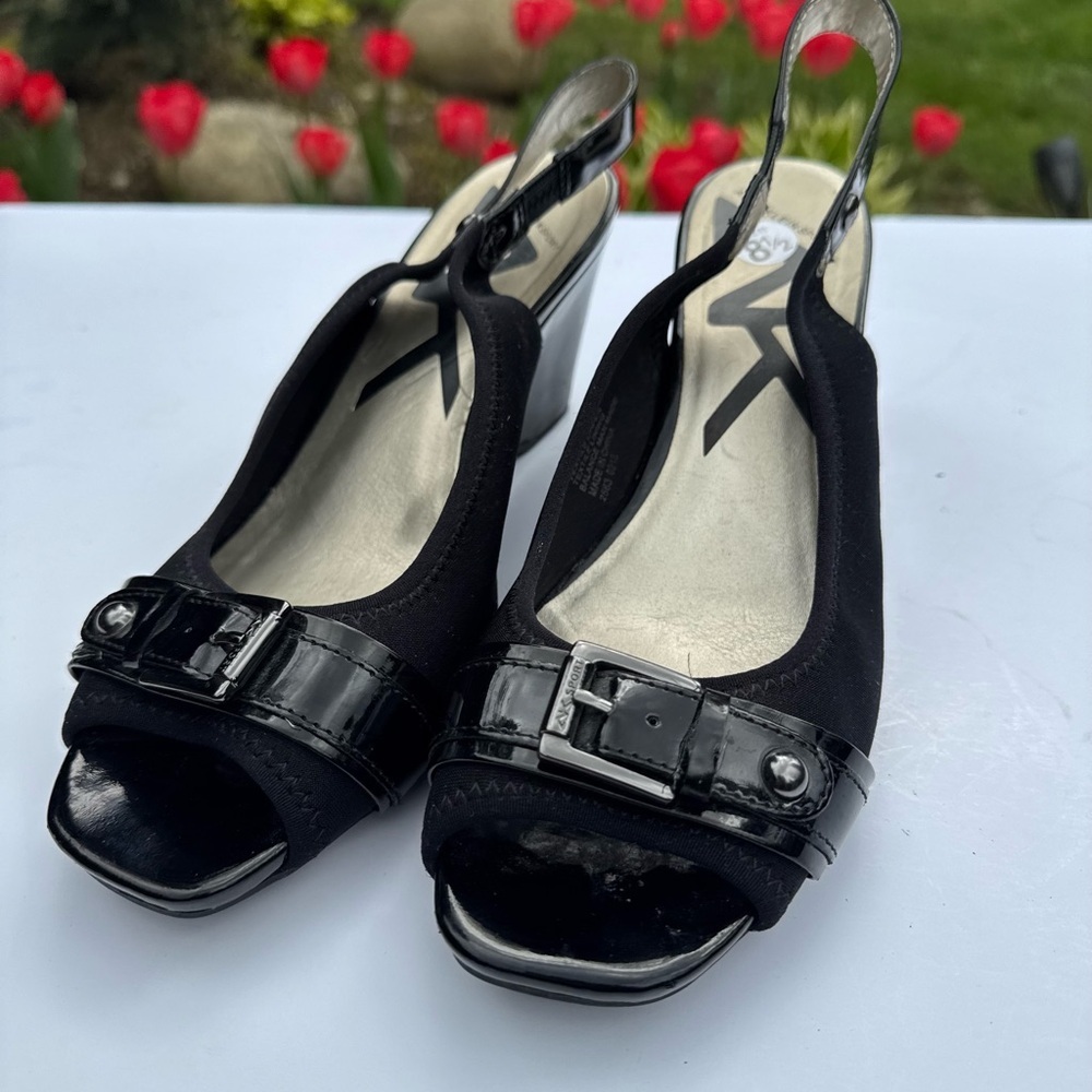 Anne Kline SZ 8.5M Slingback buckle Patent Leather Wedge Black Peep Open Toe